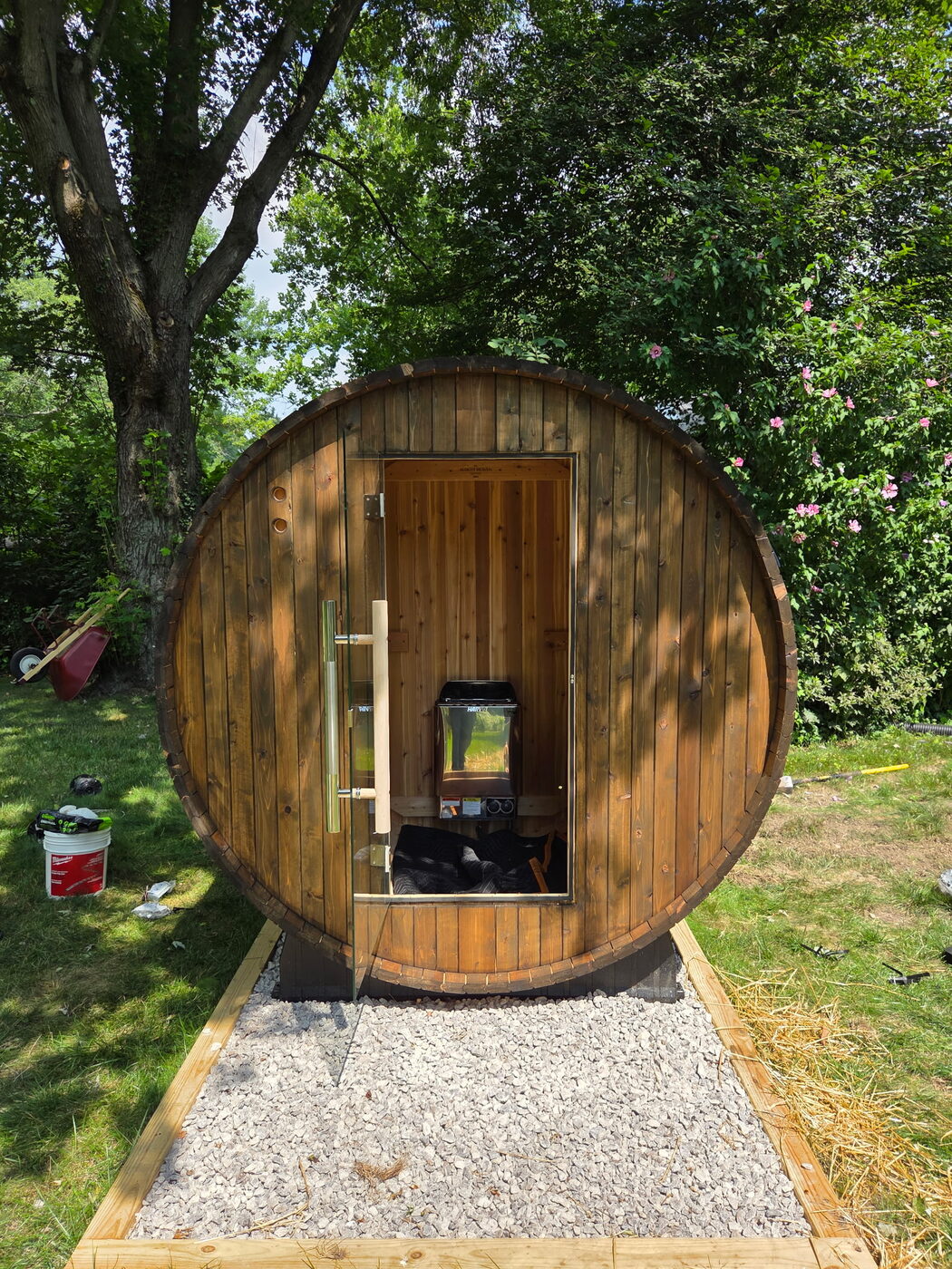 Barrel sauna with dedicated electrical circuit installed by Groppi Electric in Brecksville, Ohio